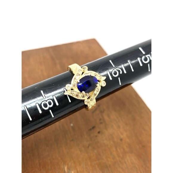 Blue Gemstone Diamond Cocktail Ring 14k Yellow Gold Estate Women's Size 7 - Picture 9 of 14